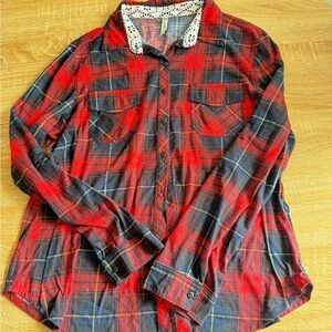 Plaid Shirt with Lace Collar